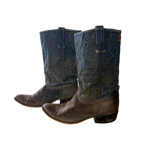 Vintage 70s Texas Steer Cowboy Boots Denim Shaft Suede Leather Made USA Mens 11D